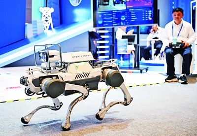  網(wǎng)絡(luò)安全博覽會上的企業(yè)展示電網(wǎng)巡線機器狗。新華社記者 鄧華攝